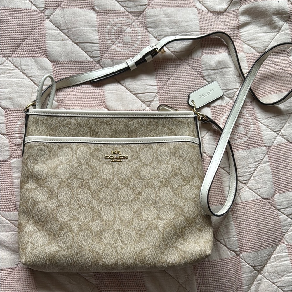 Coach Beige and White Signature Crossbody Bag